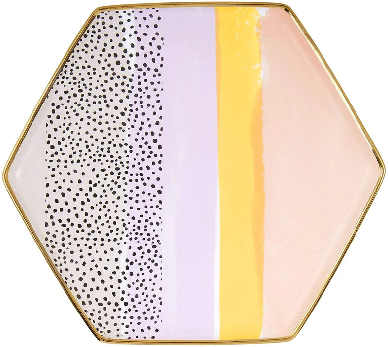 Sippin' Hexagon Mug & Saucer Set in Peach, Black Dots, and Honey